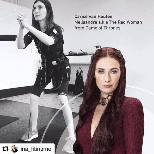 Actor Carice van Houten doing a squat in an EMS training suit