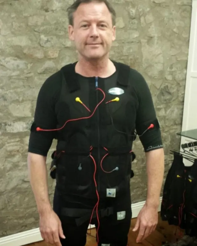 Gerard at his first EMS session eleven years ago, wearing an early wired miha bodytec suit