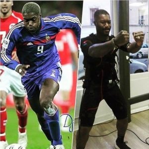 Footballer in action on the pitch, and training in a black EMS suit